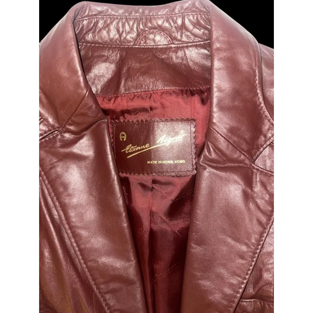 VTG Etienne Aigner Blazer Women M-L Oxblood Leather Notch Collar Jacket 1980s - Picture 5 of 12